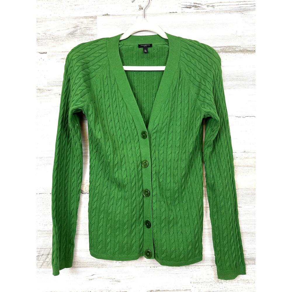 Talbots Womens M Petite Green Cable Knit Button Up Lightweight Cardigan Sweater